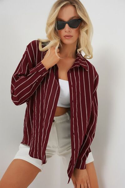 Hiccup Bdart Button Closure Faux Texture Enlarged Striped Shirt