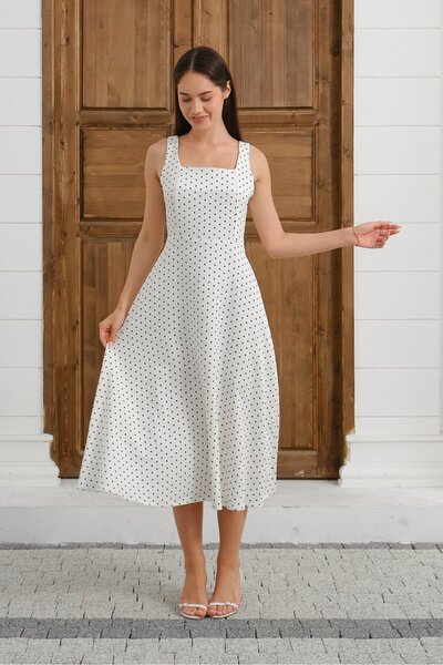 Lavix Rochie midi cu bretele cu buline pentru femei, cu detaliu de legare la ...