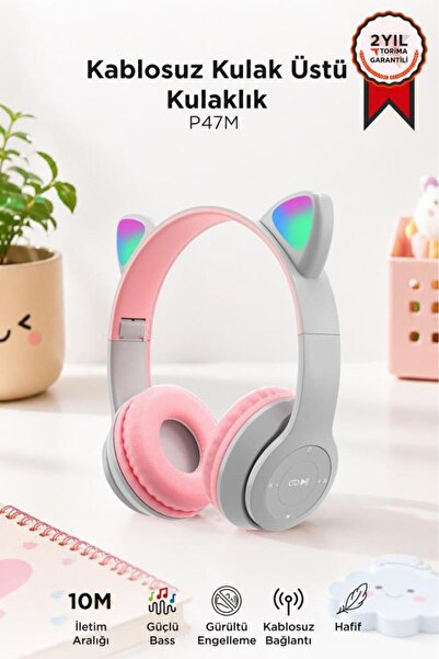 Torima Bluetooth Kulaklık Kulak Üstü Kedi Figürlü Kablosuz Kulaklık P47M Gri
