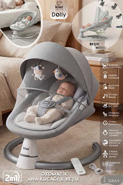 Kiwi Dolly 2in1 Otomatik Sallanan Kademe Ayarlı  Beşik ve Anakucağı -Gray
