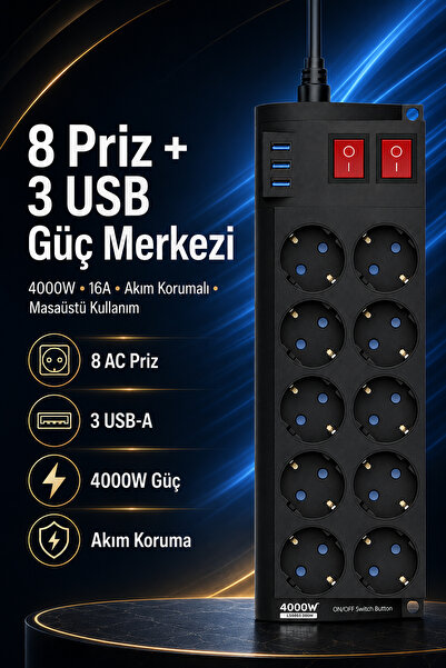 The Wlue 8'li Priz | 4000Watt |16A | Akım Korumalı | 2 Metre Uzatma Kablosu |...