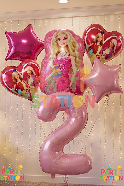Parti Station Barbie Folyo Balon Set Barbie Kalp Pembe 2 Yaş Balon Set Barbie...