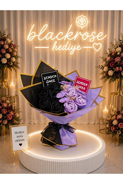 blackrosehediye Long Stem Black Purple Artificial Rose Bouquet with Butterfly...