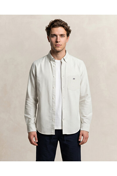 Gant Erkek Yeşil Regular Fit Çizgili Logolu Gömlek