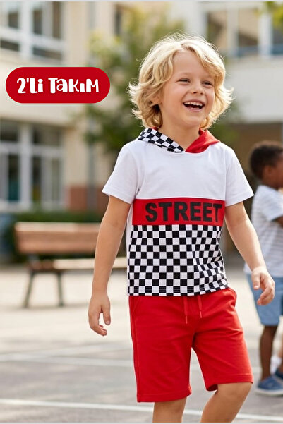Hilal Akıncı Kids Αγόρι Κόκκινο Streetwear Μοντέλο Κοντό μανίκι Φούτερ με Σορ...