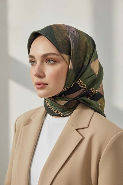 Vissona %100 Twill İpek Taş Efekti Desenli Haki - Siyah Renkli 90x90 Eşarp Di...