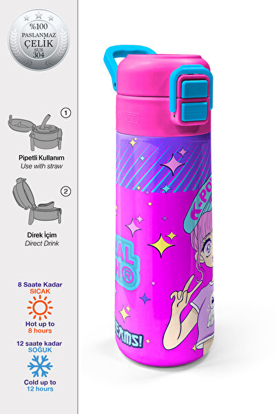 Coral High Kids Mor Pembe Mavi K-PopDesenli Pipetli ve Direkt İçim Çelik Term...