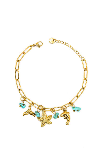 Nearsis Steel Starfish, Dolphin, Fish Tail Charm Chain Bracelet
