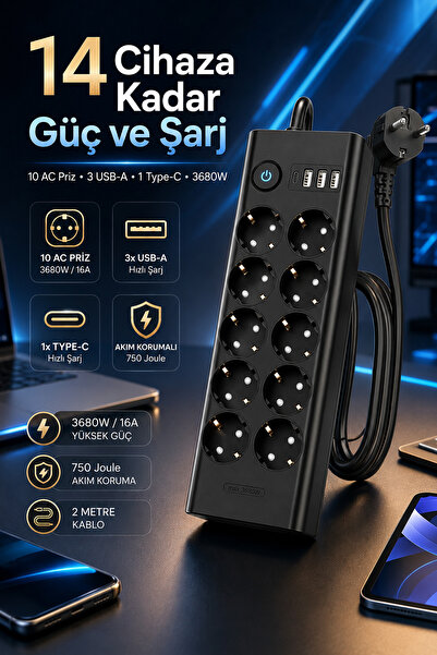 The Wlue 10'lu Akım Korumalı Priz | 3680 Watt Koruma | 16A | 3 USB + 1 Type-C...