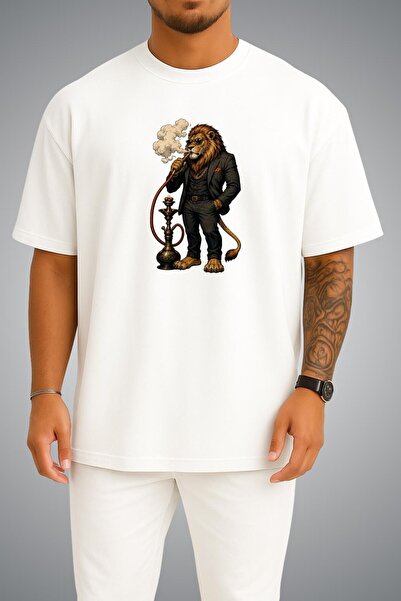 Bahriyeli Collection Oversize Lion Smoking Hookah Chest and Back Printed Unis...