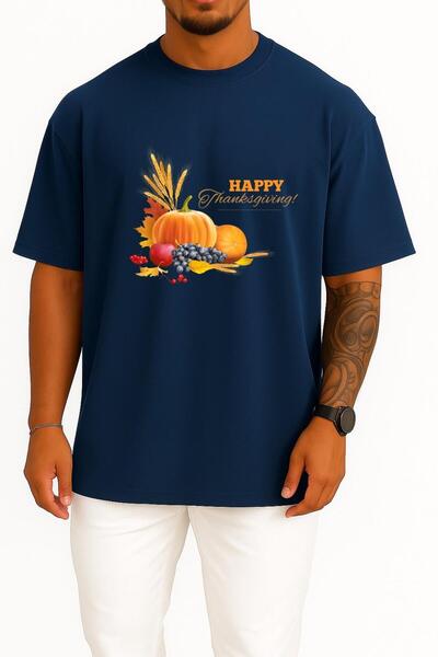 Bahriyeli Collection تي شيرت قصة فضفاضة Happy Thanksgiving Fruits Thanksgivin...