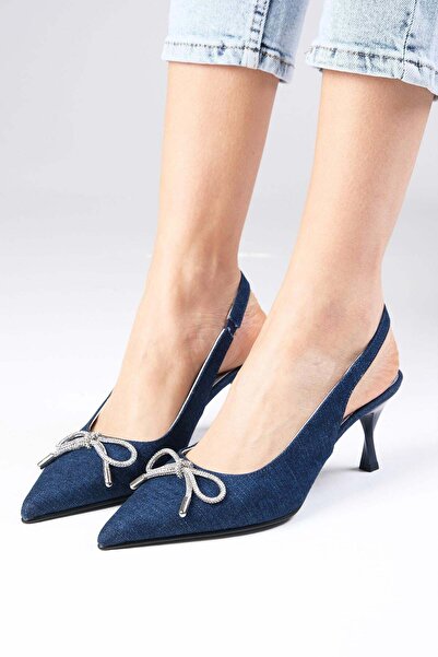 Mio Gusto Γυναικεία παπούτσια με τακούνι Alexis Navy Blue τζιν με ανοιχτή πλά...