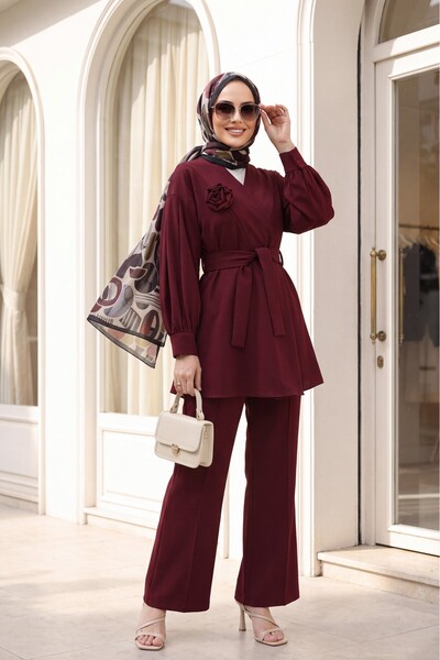 Modamorfo V-Neck Rose Brooch Belted Balloon Sleeve Pleated Elastic Waist Pant...