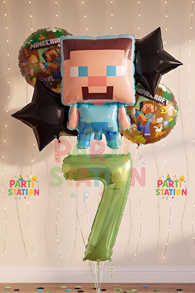 Parti Station Minecraft Balon 7 Yaş Doğum Günü Set Minecraft Konsept Yıldız B...