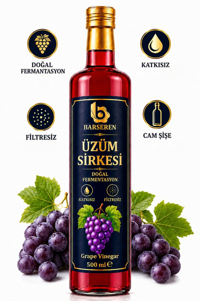 Barseren Üzüm Sirkesi 500 ml Doğal Fermantasyon Filtresiz Katkısız Cam Şişe