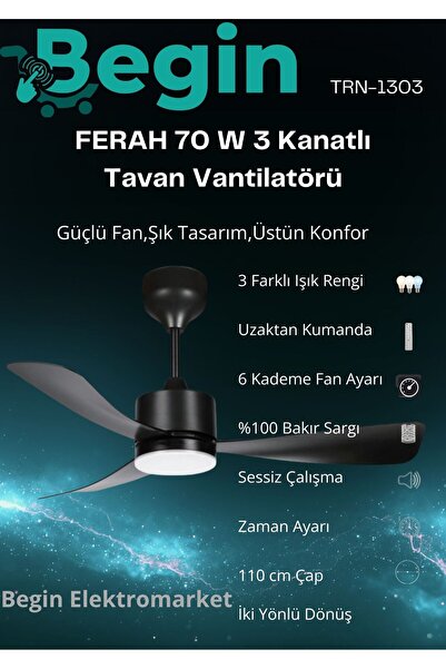 BEGİN Ferah 70w 3 kanatlı led ışıklı uzaktan kumandalı tavan vantilatör siyah