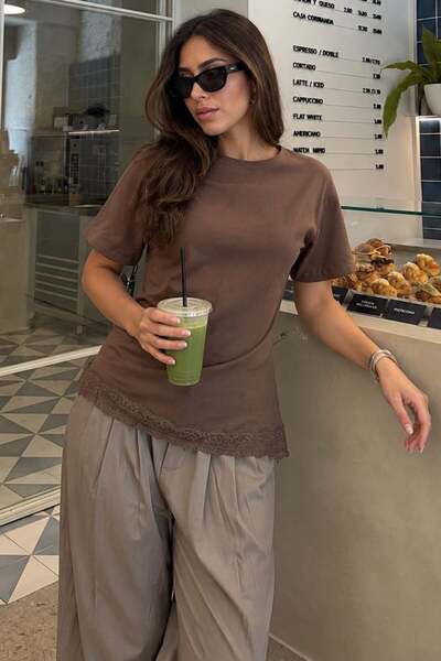 Madmext Brown Lace Detailed Waist-Fitted Asymmetrical Women's T-Shirt Mg2719