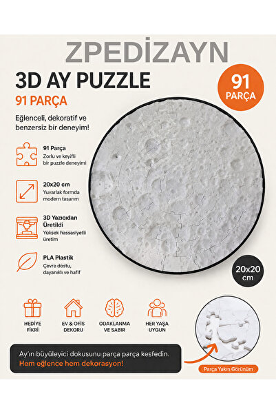 zpedizayn 3D Baskı Ay Yüzeyi Puzzle | 91 Parça | PLA Plastik | 20x20 cm | Dek...