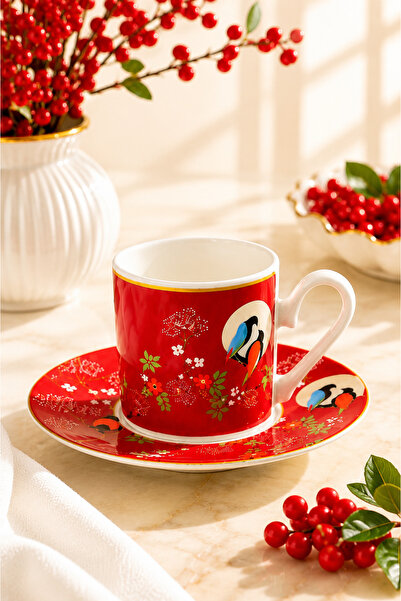 YzHome 2 Kişilik Porselen LovelyBirds Kırmızı Yeşil Özel Tasarım Kahve Fincan Takımı Seti 90ml