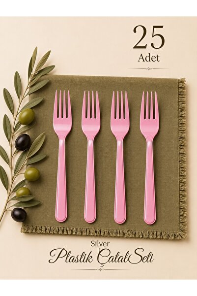 troykar 25 Adet PEMBE Renk LÜX SERT PLASTİK Çatal (18 Cm )Parti Doğum Günü Su...