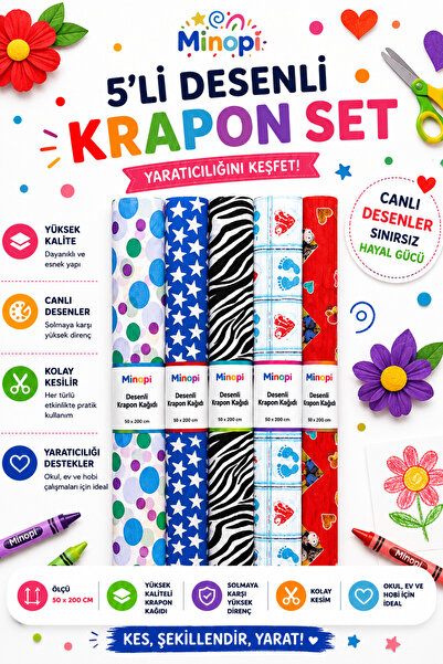 Minopi Patterned Crapon Paper 5 Pack Mixed Pattern Package 50X200 cm