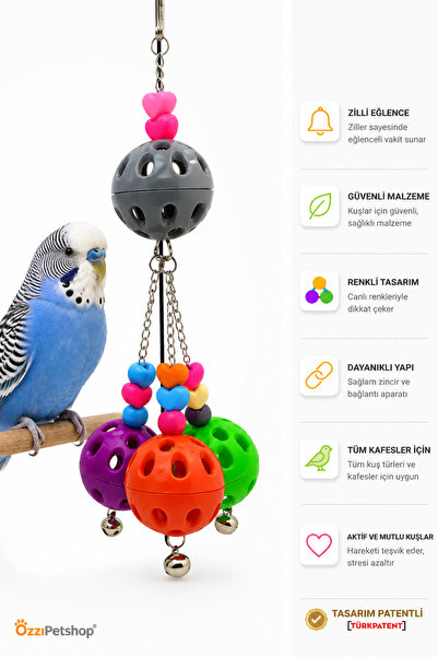 ozzipetshop Muhabbet Kuşu Zilli Top Oyuncağı 25 cm Kuş Oyuncağı Aktivite Topu