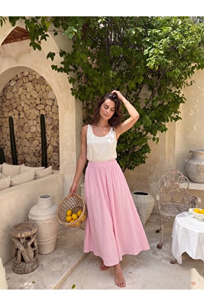ONLOOX Pink Cotton Elastic Waist Flowy Cut Side Pocket Detailed Maxi Length S...