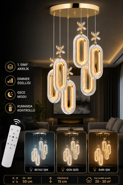 Marsel Lighting SERRA Model 6'lı Gold 3 Renk Modu Ledli Modern Salon Mutfak O...
