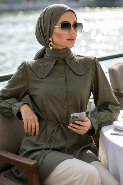 N.S NEVA STYLE Poplin zelena vezena hijab tunika sa dečijim ovratnikom 20378CY