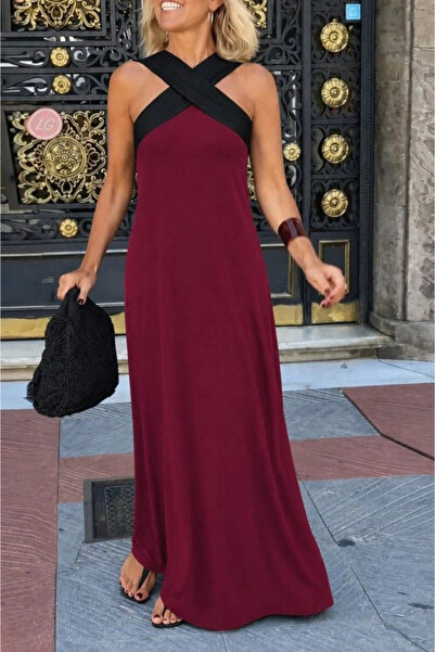 Generic Brand Women's Two-Color Long Viscose Dress with Cross Detail on the F...