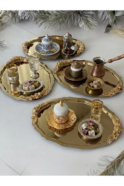 Elzemm store 20*25 CM GOLD RENK OVAL 4 ADET KULPLU MODEL SUNUM TEPSİSİ