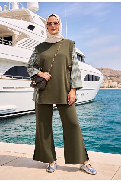 Aselim Hijap Moda Liora Kadın Tesettür İkili Takım – Pamuklu İki İplik Gömlek Detaylı- Hakiyeşil