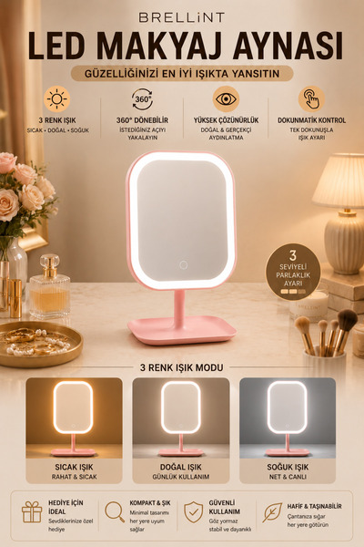 Brellint LED Işıklı USB Şarjlı Dokunmatik Makyaj Aynası 3 Renk Işık 360° Döne...