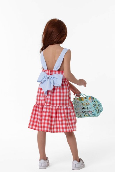 Colorinas Heidi Plaid Patterned Girl's Dress with Ruffled Skirt and Bow