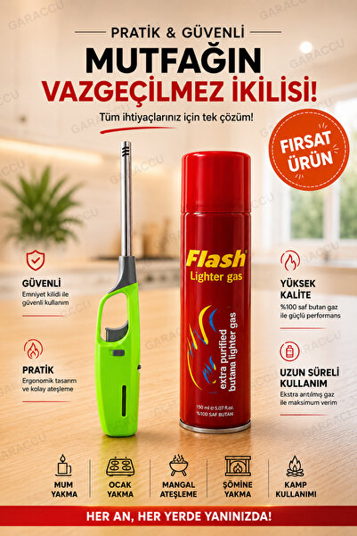 garaccu Uzun Ocak Mutfak Çakmağı Renkli ve Çakmak Gazı Doldurulabilir Kalitel...