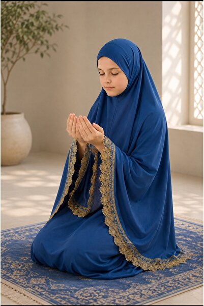 Store Kız Çocuk Lüks Kadife Namaz Elbisesi - Dantel İşlemeli Krem Namazlık Ta...