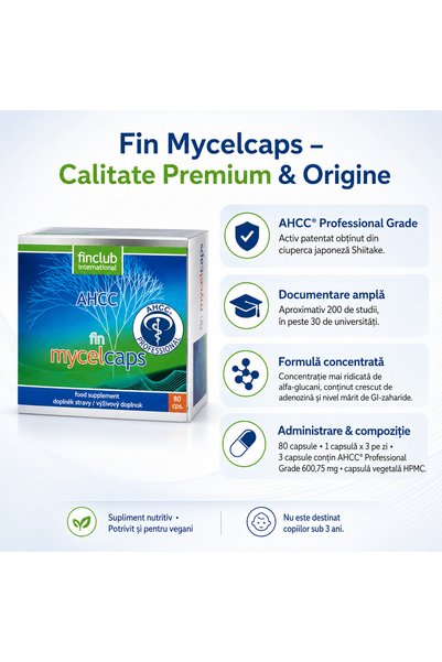 Finclub Supliment alimentar fin Mycelcaps AHCC® Professional Grade cu AHCC 200,25 mg pentru și vitalitate, 80 capsule vegetale