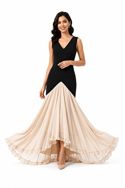 unbranded Women's Black & Beige Color Block Chiffon Maxi Evening Dress with V...