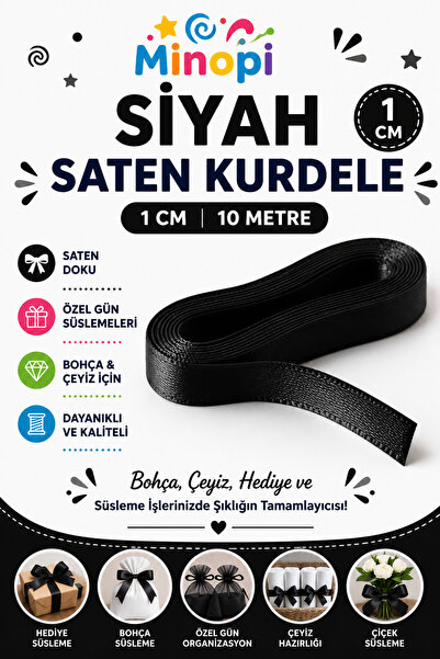 Minopi Μαύρη Σατέν Κορδέλα 1 εκ. 10 μέτρα, Συσκευασία Προίκα Ειδική Ημέρα Δώρ...