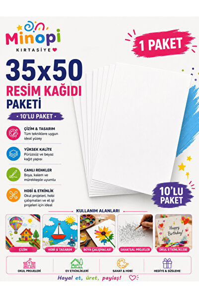 Minopi 1 Paket 35X50 Resim Kağıdı Paketi 10'lu Sulu Akrilik Guaj Boya Hobi Ta...