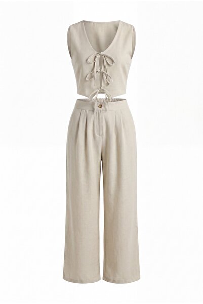 Modamorfo Lace-Up Front Vest and Trousers Two-Piece Linen Look Suit - Stone C...