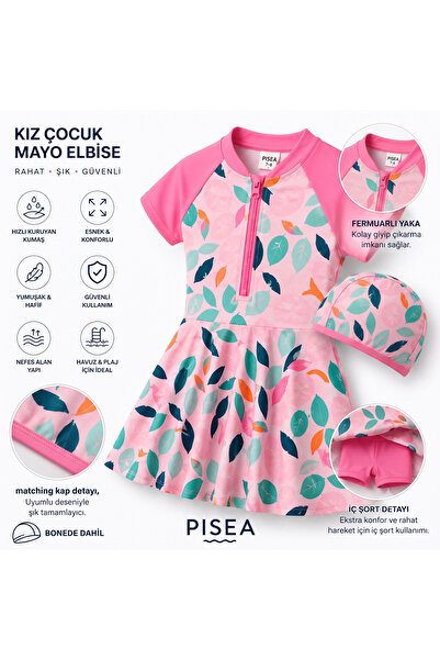 pistyle Kız Çocuk Etekli Boneli Şortlu Pembe Mor Renkli Önü Fermuarlı Mayo.