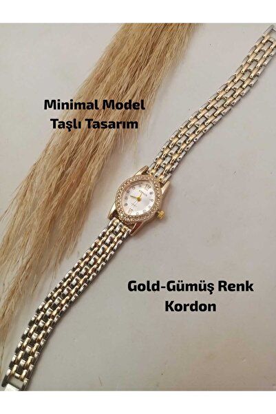 Brality Gold_Gümüş Renk Zincir Kordon- Gold RENK Kasa Kadın Kol Saati , TAŞLI...