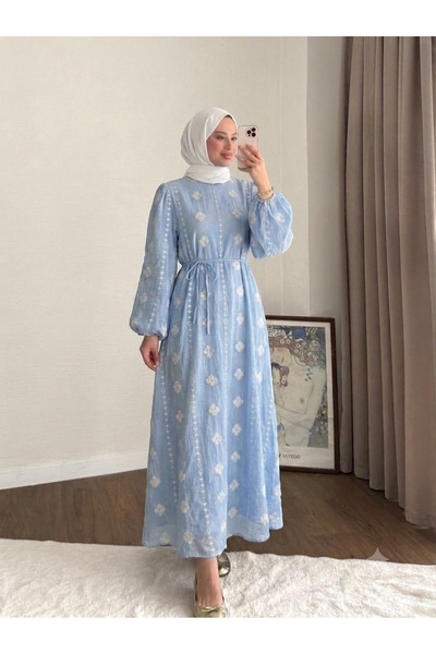 RFK Butik Kadın Bel Bağlamalı Nakış Detaylı Tensel Elbise - Mavi