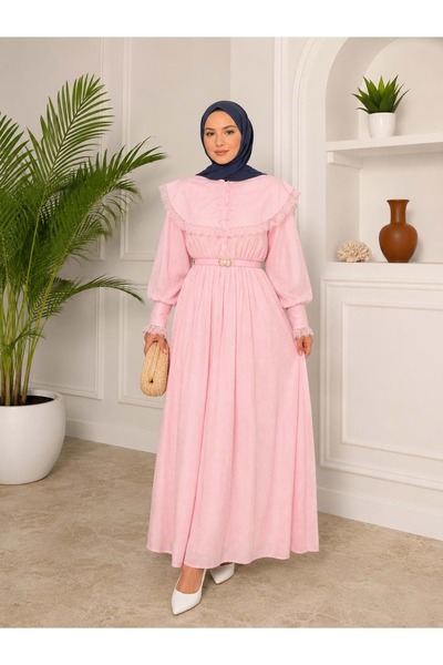 Beray 26Y93011 ELBİSE YAKA DANTEL DETAYLI ASTARLI PEMBE