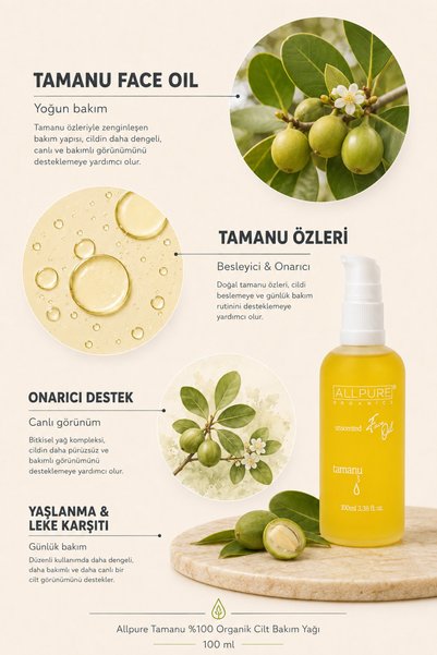 ALLPURE Tamanu 100% Organic Skin Care Oil - Anti-Aging & Anti-Blemish Repairing, Nourishing 100 ml