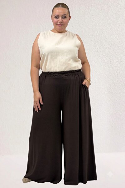 Eslina 49003 Large Size Elastic Waist Combed Cotton Skirt Trousers - Brown