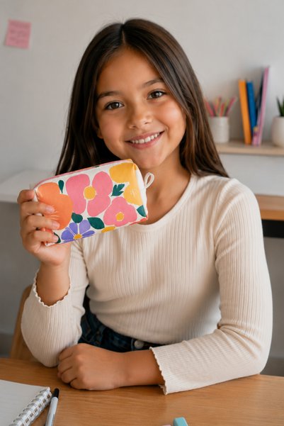 United Fabrics Children's Pencil Case - Floral Printed Patterned Faux Leather Pencil Holder - Special Floral Pencil Bag for Kids