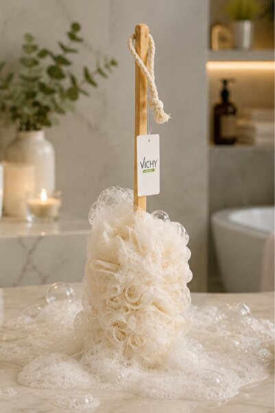 VICHY Saplı Vücut Lifi Vücut Lifi Sırt Temizleyici Uzun Ahşap Saplı Banyo Lifi VCH-6584 RENKLİ