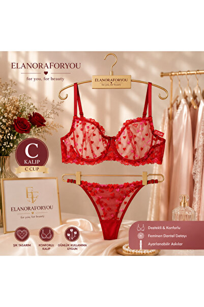 ELANORAFORYOU طقم حمالة صدر وسروال داخلي شفاف من ELANORA AMORE باللون الأحمر ...